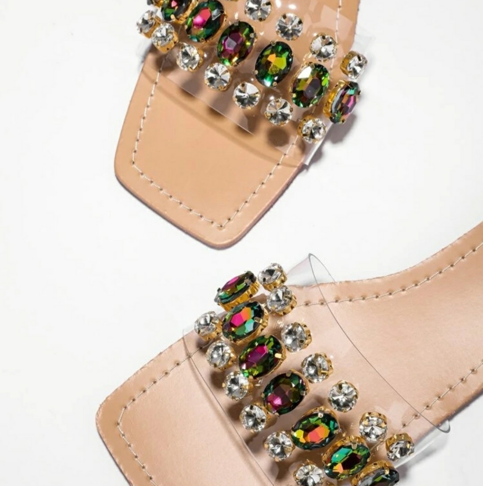Women's Nude Jeweled Slide Sandals